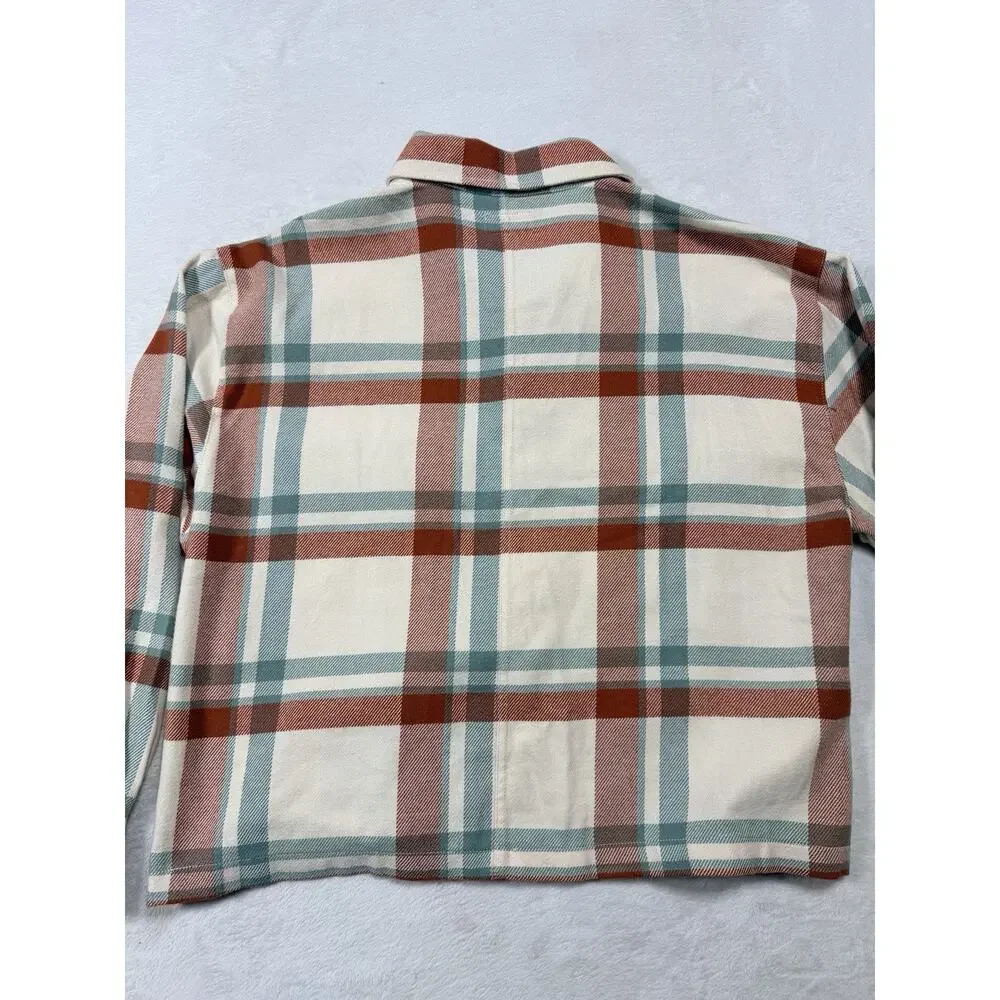 Brixton Bowery Cropped Flannel Shirt Plaid Terracotta White Smoke Womens Sz L